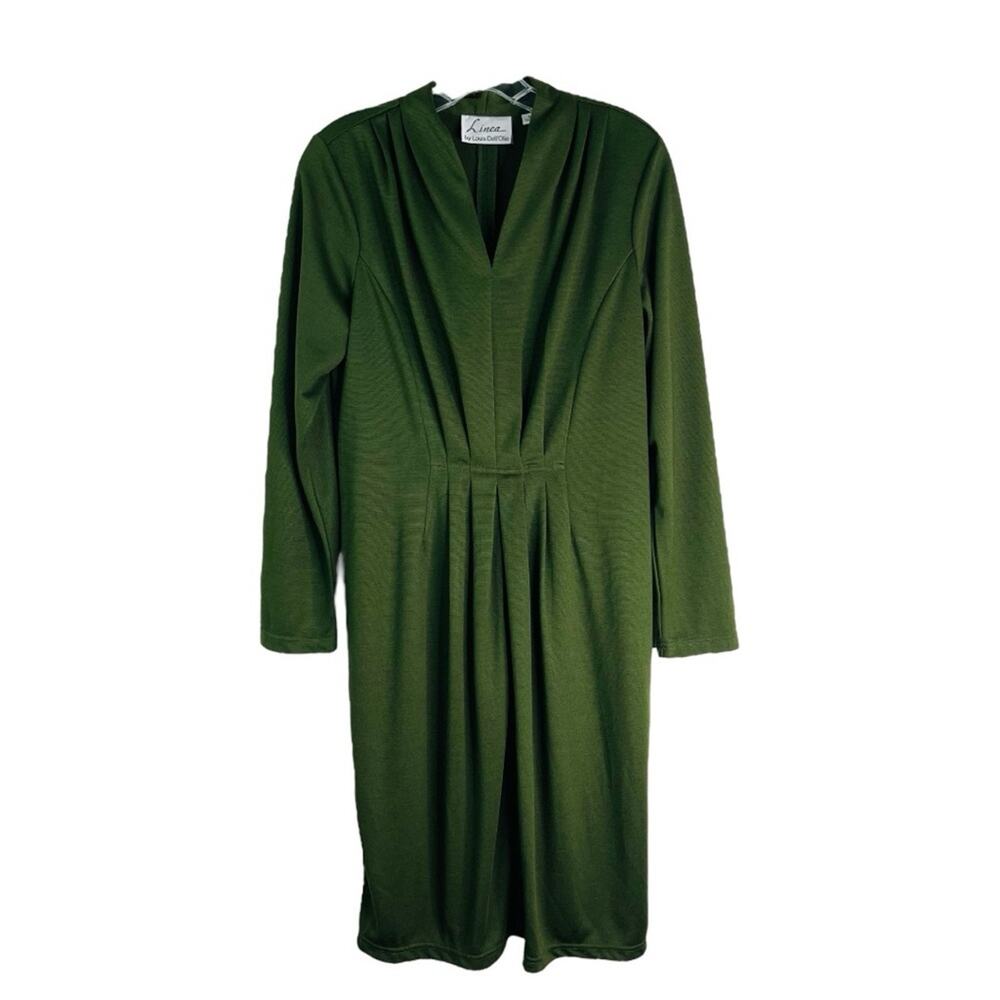 Linea olive green stretch pleated holiday Christmas midi dress small